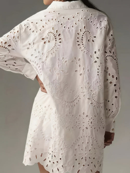 Solid Color Openwork Button-down Collar Shirt