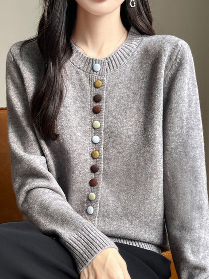 Sophia Classic Crew Neck Colorful Button Knitted Cardigan-Apricot