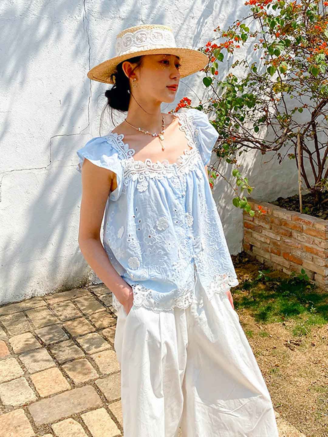 Sydney Vacation Square Neck Crochet Embroidered Top