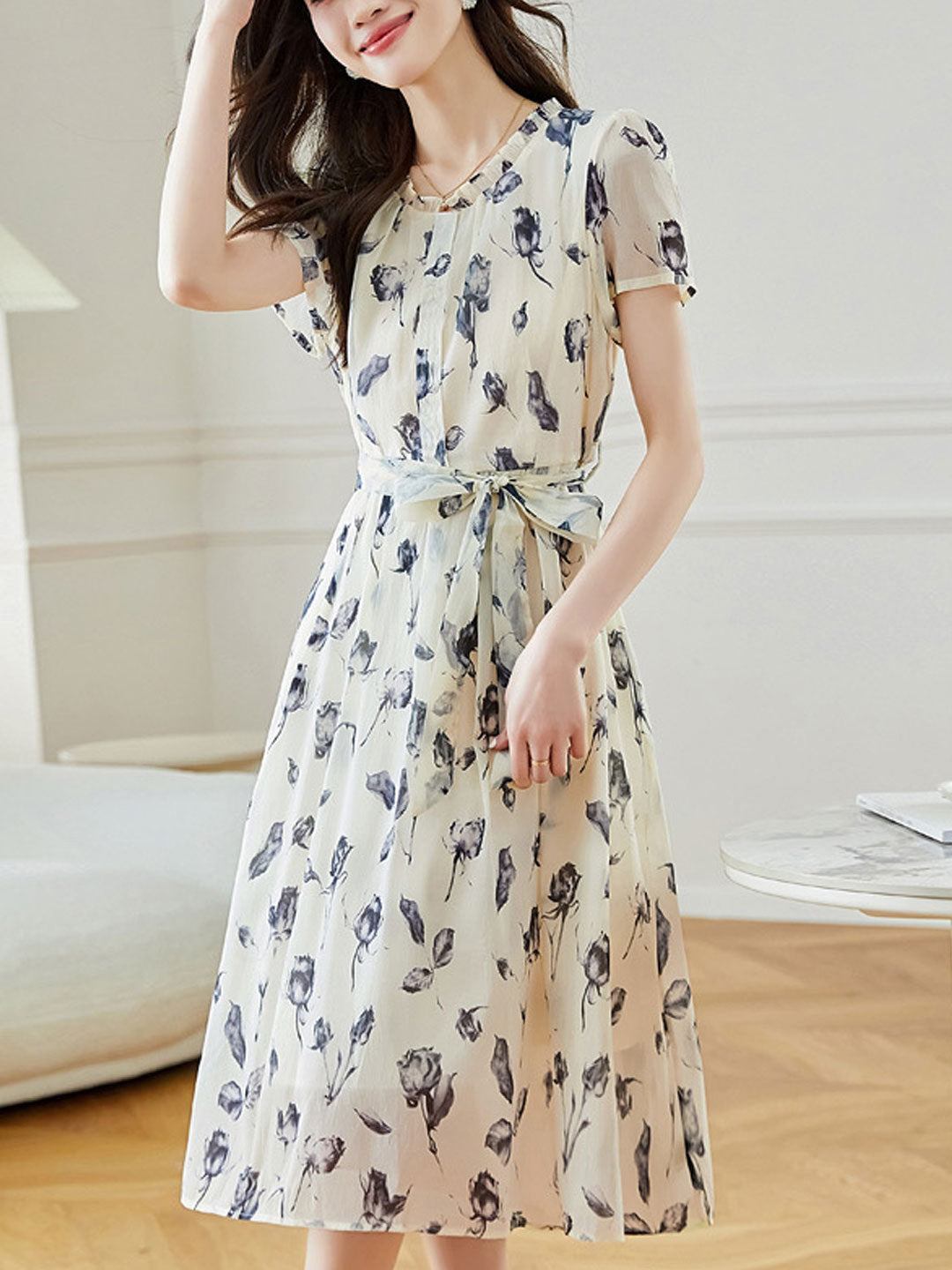 Payton Loose Printed Tie Chiffon Dress