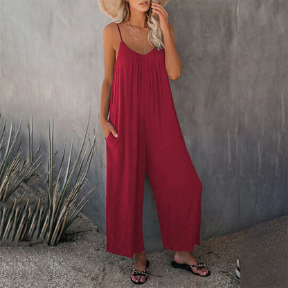Women's Stretchy V-Neck Sleeveless Summer Jumpsuit with Pockets and Wide Legs | Ideal for Summer