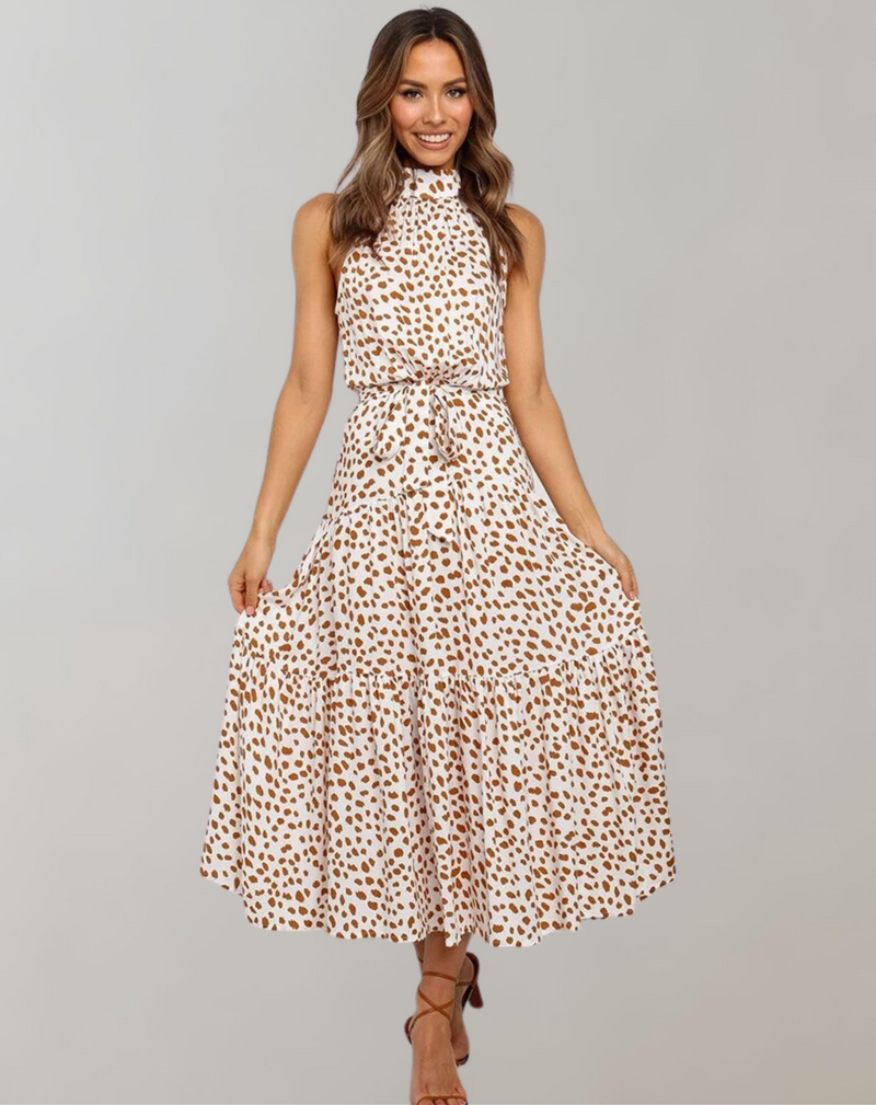 Vestido largo informal con cuello halter y estampado de lunares para mujer | Ideal para primavera/verano