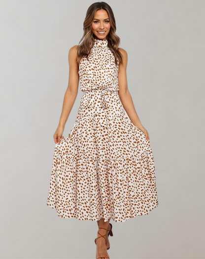 Vestido largo informal con cuello halter y estampado de lunares para mujer | Ideal para primavera/verano