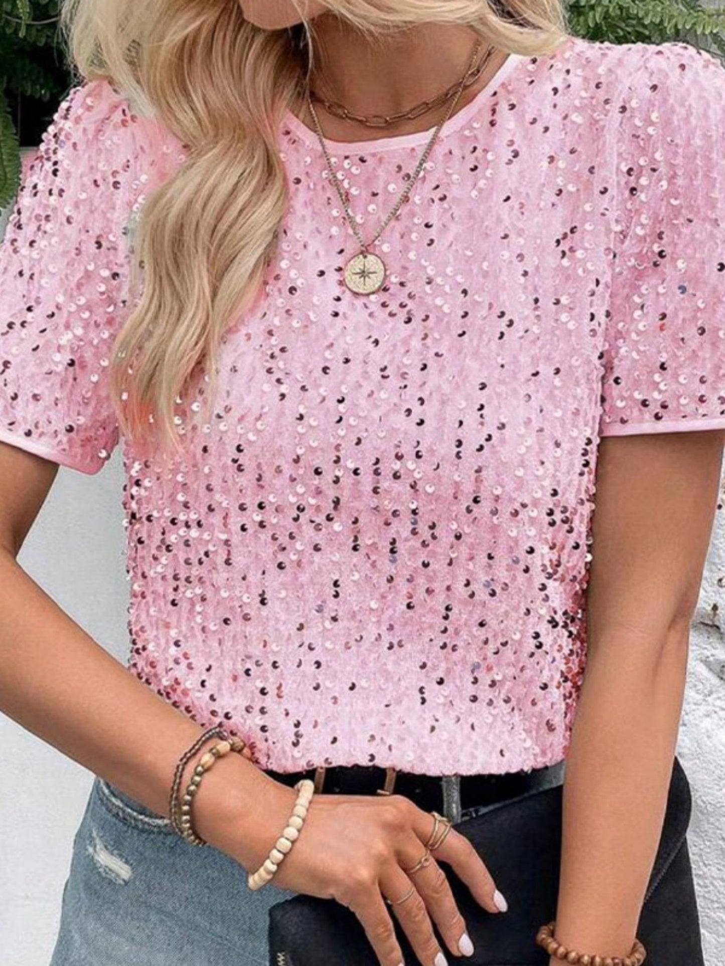Sequins Crew Neck Short Sleeve T-shirt