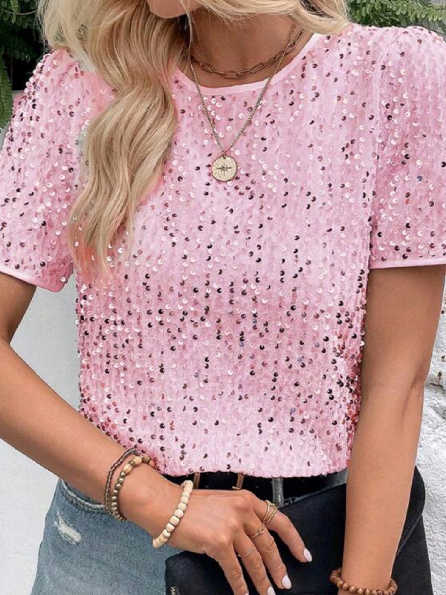 Sequins Crew Neck Short Sleeve T-shirt