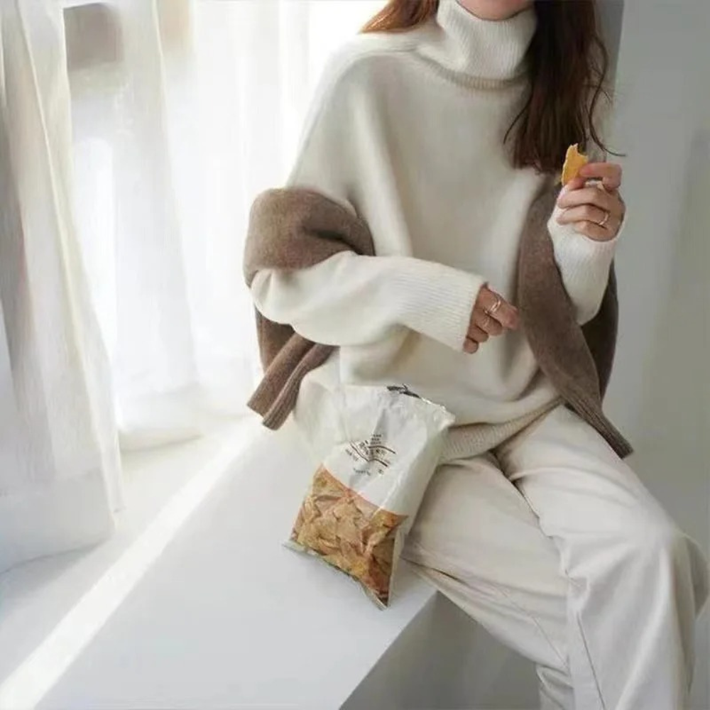 Jersey holgado de cuello alto para mujer con dobladillo y puños acanalados | Ideal para otoño/invierno