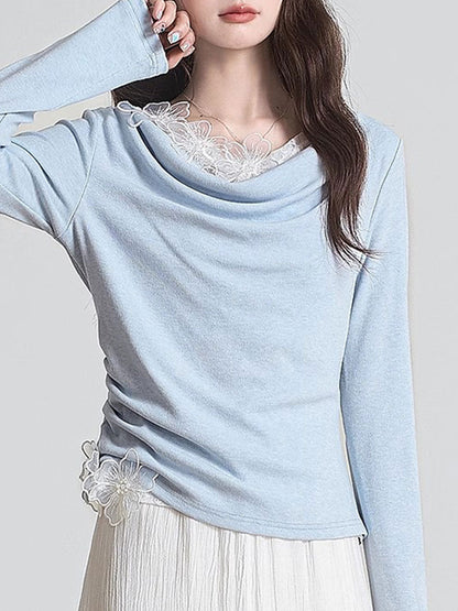 Julia Slim Swing Collar Dimensional Flower Patchwork Top