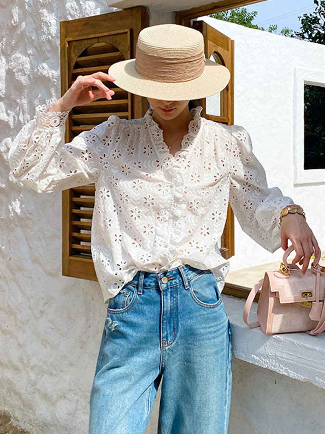 Julia Elegant V-Neck Puff Sleeve Embroidered Top