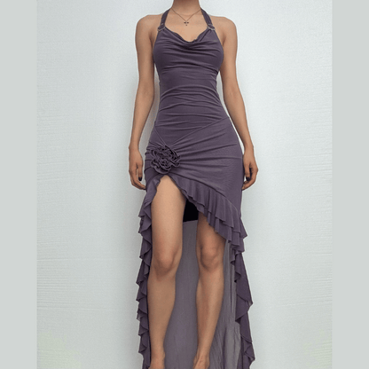 Halter cowl neck flower applique ruffle maxi dress  | Festival Outfits Women