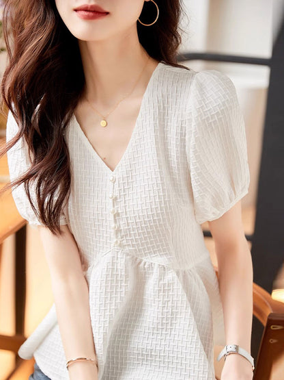 Olivia Elegant V-Neck Pleated Chiffon Top