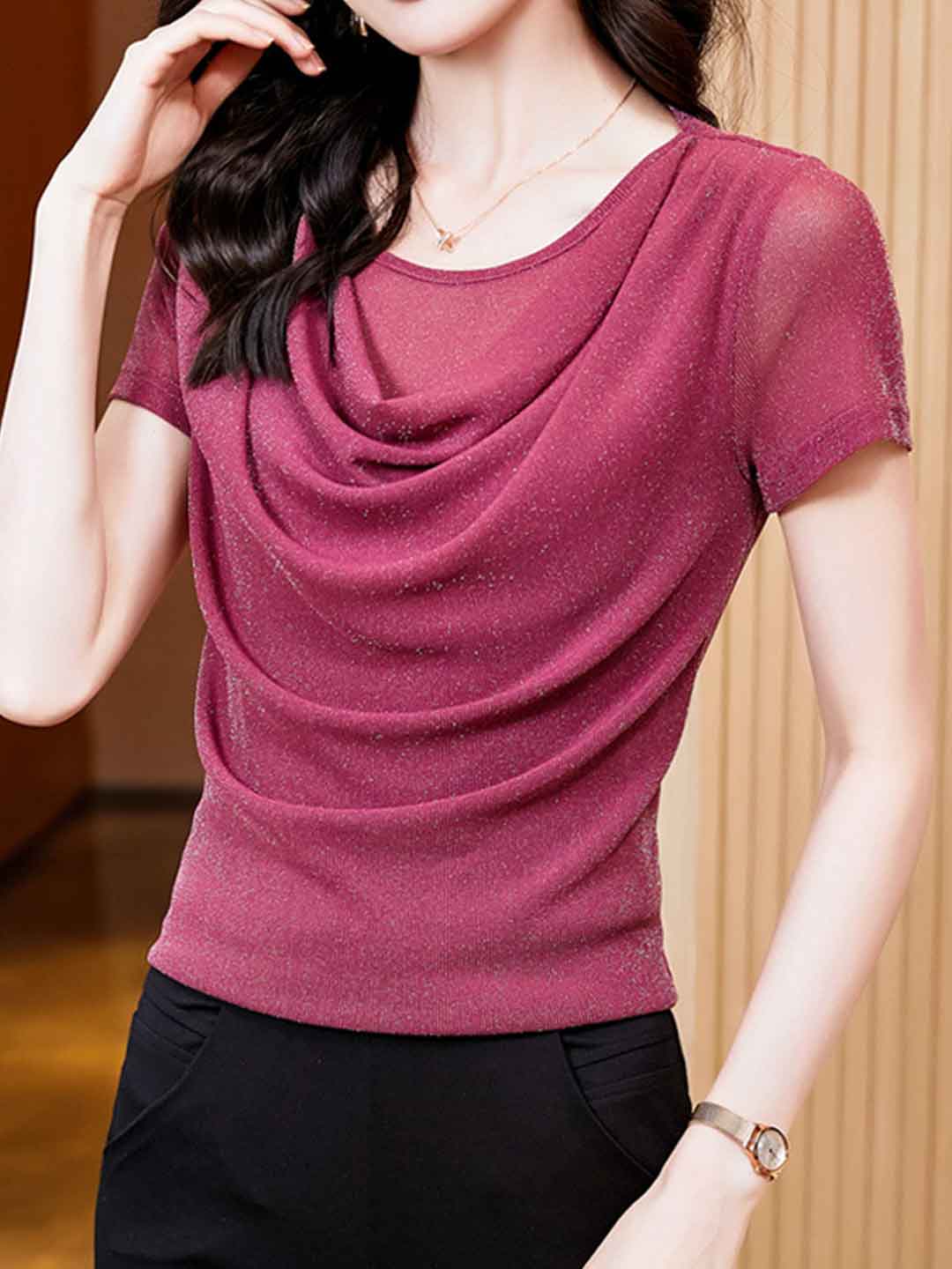 Jocelyn Classic Swing Collar Solid Color Mesh Top