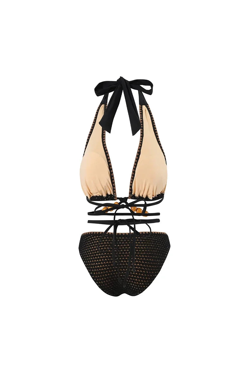 Conjunto de bikini negro con lazo y cuentas de punto
