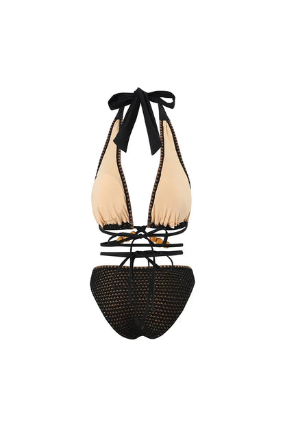 Conjunto de bikini negro con lazo y cuentas de punto