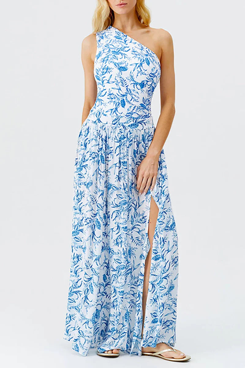 Conjunto azul de un solo hombro con estampado floral fresco
