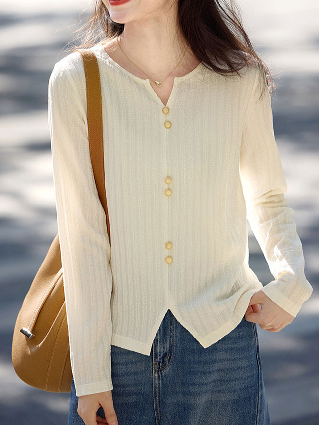 Mariah Elegant Crew Neck Textured Button Top