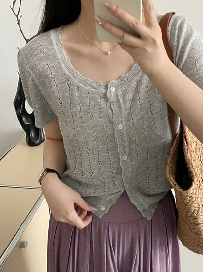 Madison Vacation Crew Neck Hollowed Jacquard Knitted Top