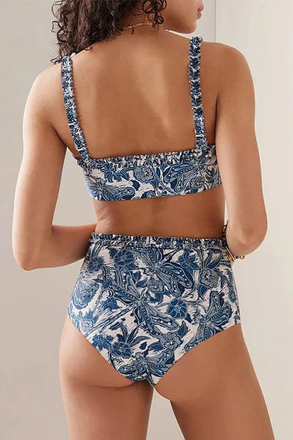 Conjunto de bikini con volantes y estampado de libélulas azules