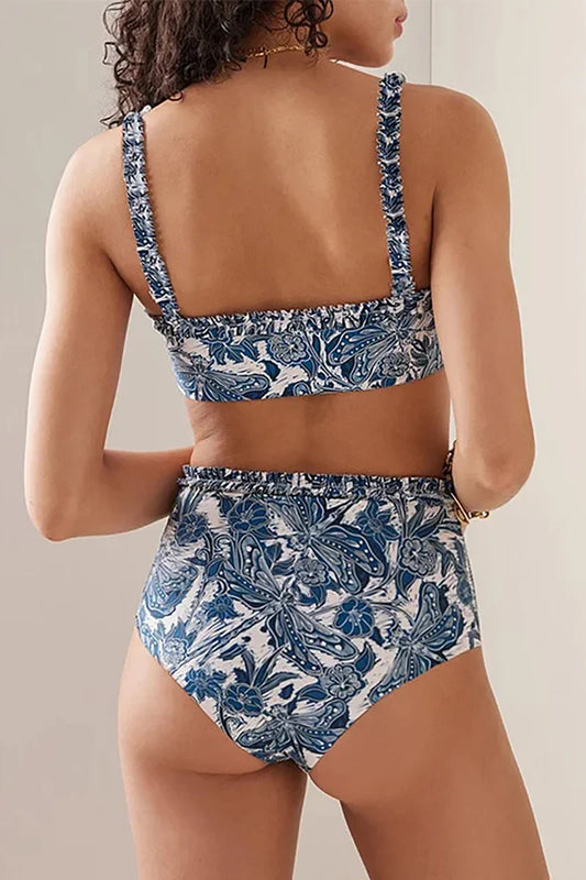 Conjunto de bikini con volantes y estampado de libélulas azules