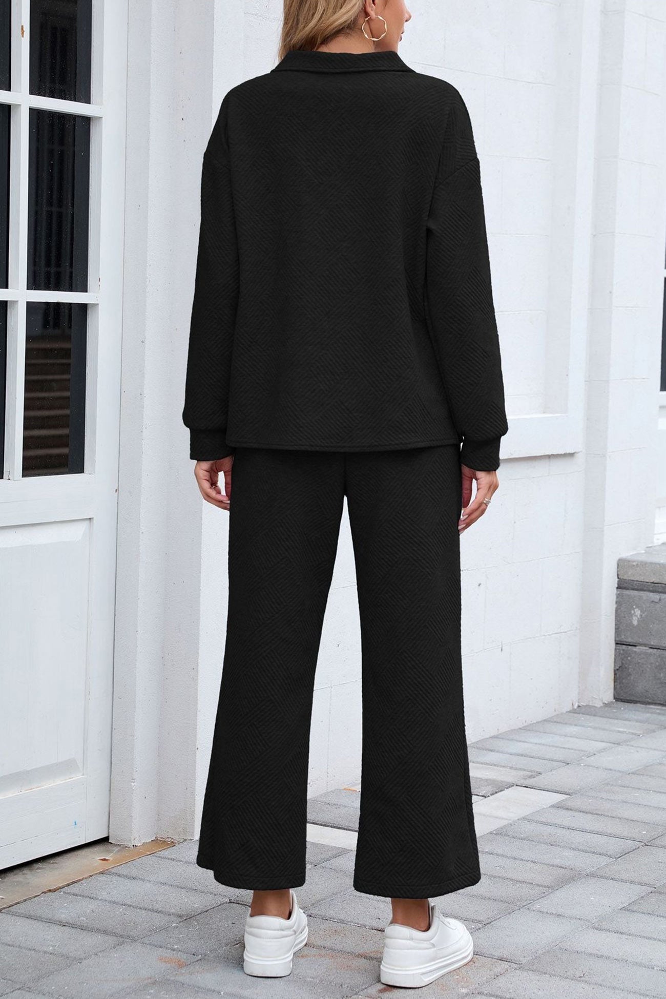 Lapel Long Sleeve Textured Sweashirt Set