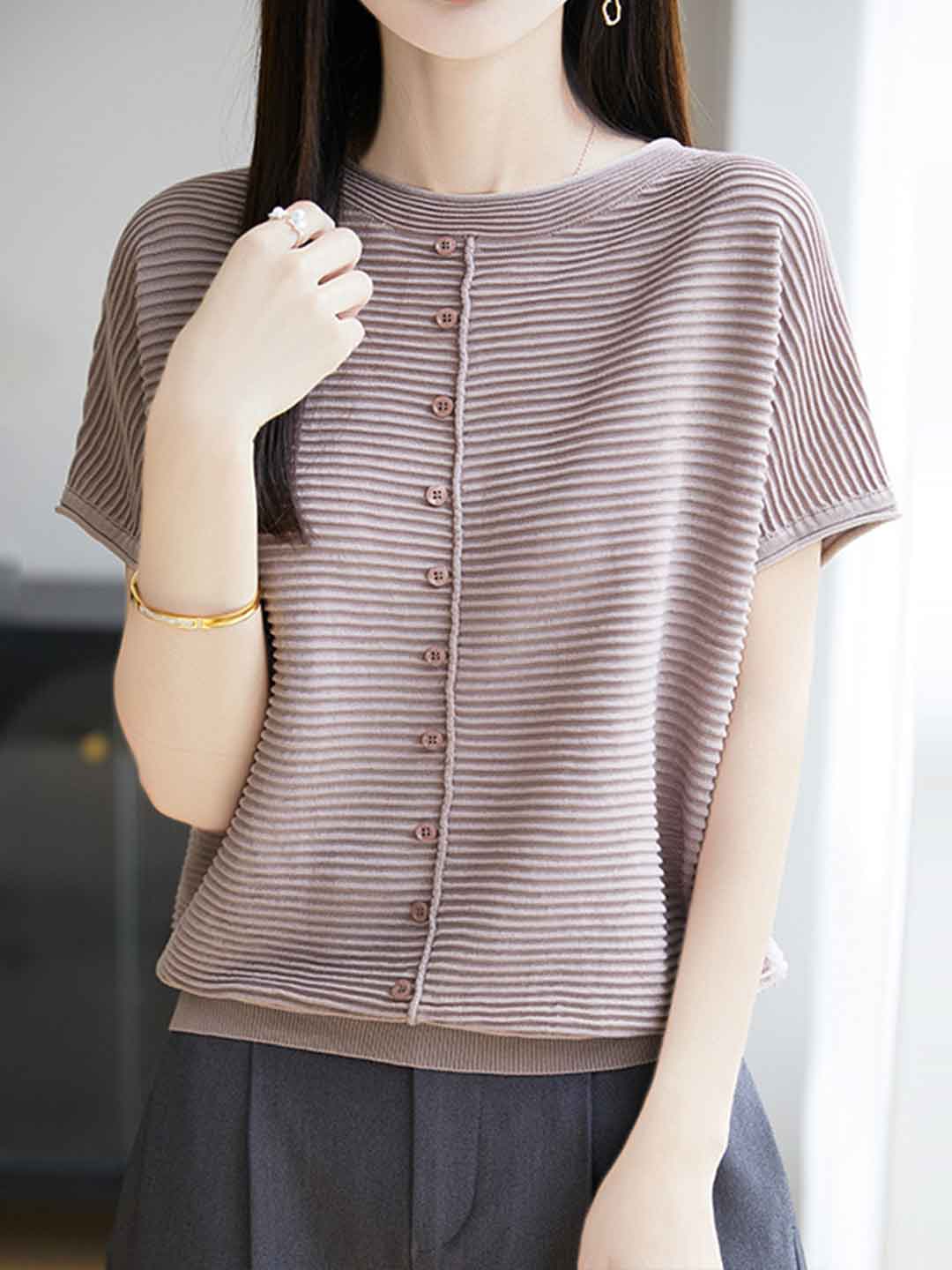 Khloe Classic Crew Neck Striped Solid Color Knitted Top