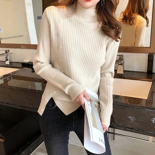 Elegante jersey de punto de cuello alto para mujer con botón y abertura | Ideal para otoño/invierno