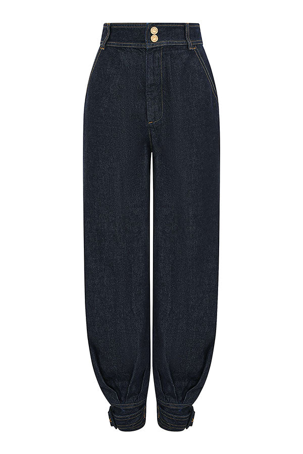 Luna Denim High Rise Pocket Adjustable Buckle Ankle Strap Harem Pants