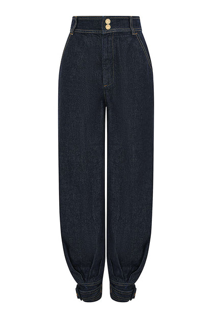 Luna Denim High Rise Pocket Adjustable Buckle Ankle Strap Harem Pants