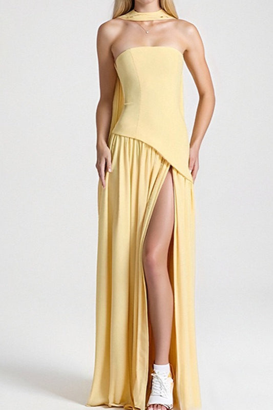 Solid Bustier High Slit Formal Dress