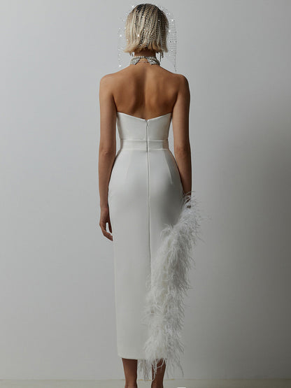 Bodycon Dress Feather Trim Off The Shoulder Asymmetrical Party Club Dresses