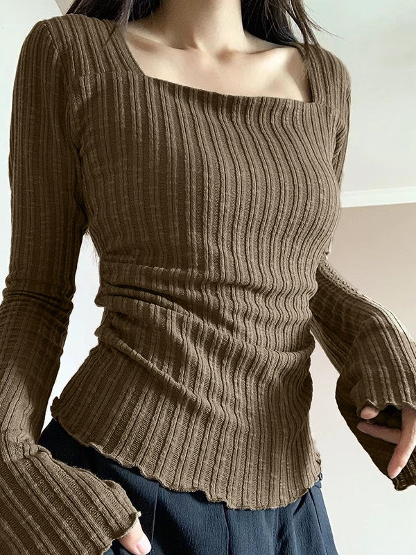 Square Neck Flare Sleeve Slim Knit