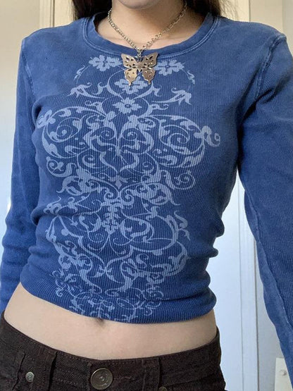 Retro Print Slim Crewneck Long Sleeve Crop Top