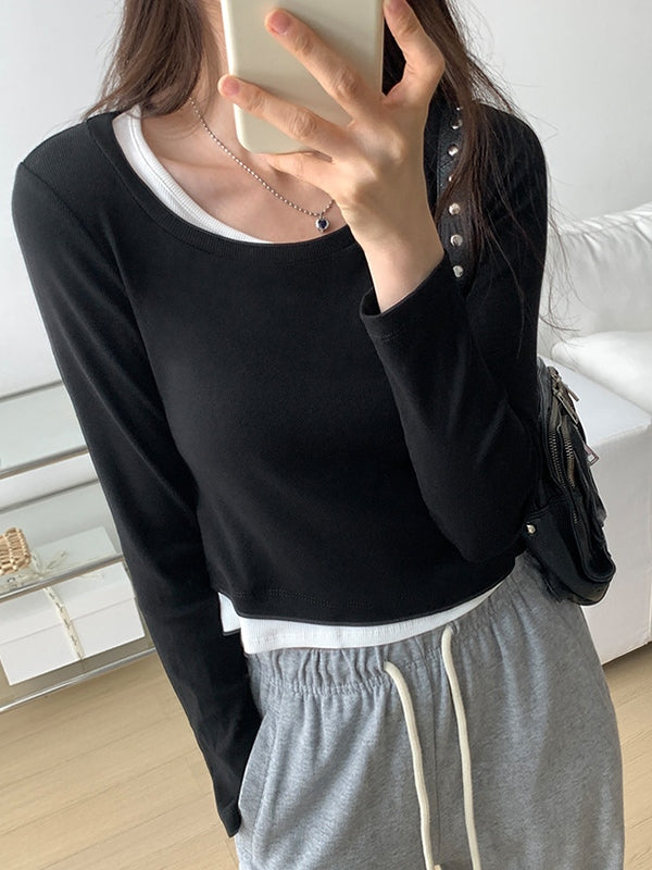 Contrast Color Fake Two Piece Long Sleeve Knit
