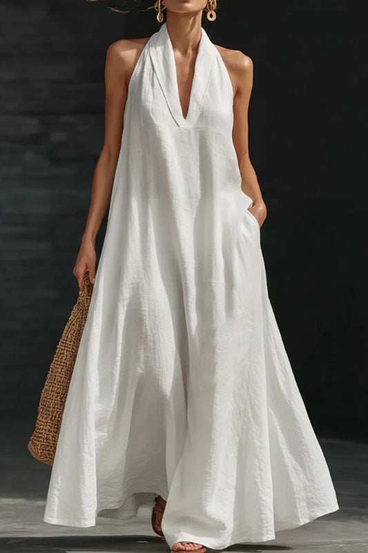 Linen Blend Solid Color Loose V-neck Pocket Casual Maxi Dress