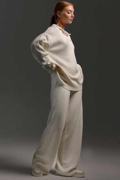 Polo Collar Knit Pullover Wide-Leg Pants Two Piece Set