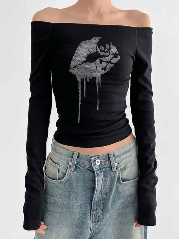 Off Shoulder Lip Skull Print Long Sleeve Tee