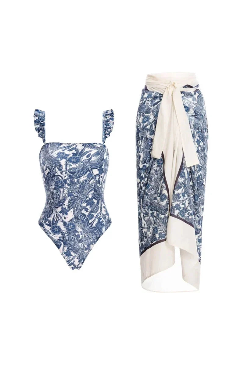 Traje de baño de una pieza con volantes de libélula azul