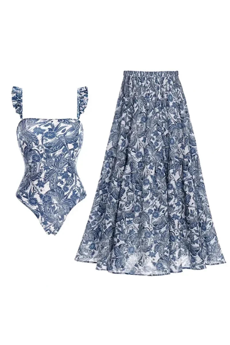 Conjunto de traje de baño con falda con volantes de libélula azul