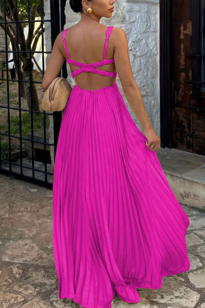Solid Color V-neck Sleeveless Fitted Waist Backless Pleated Maxi Dress