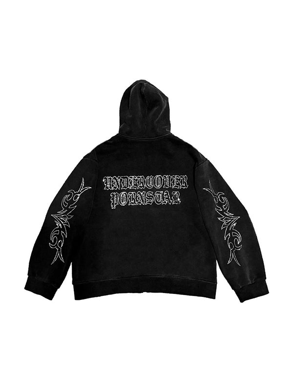 Waffle Letter Rhinestone Print Baggy Oversized Hoodie
