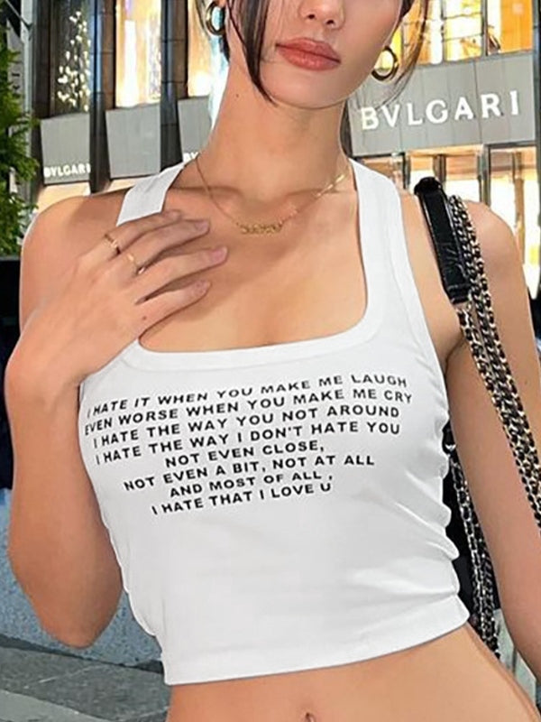 Letter Print Navel Bare Slim Fit Short Tank Top