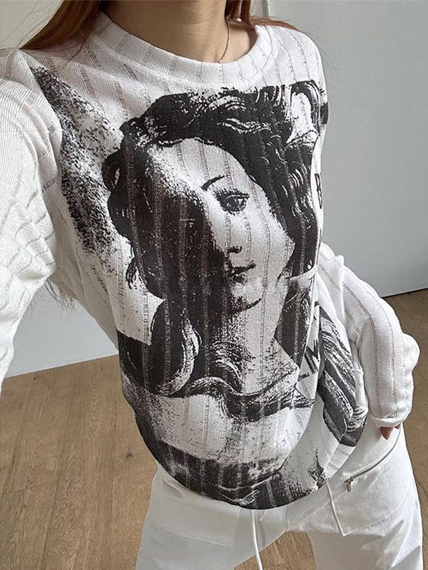 Cutout Portrait Graffiti Print Long Sleeve Knit