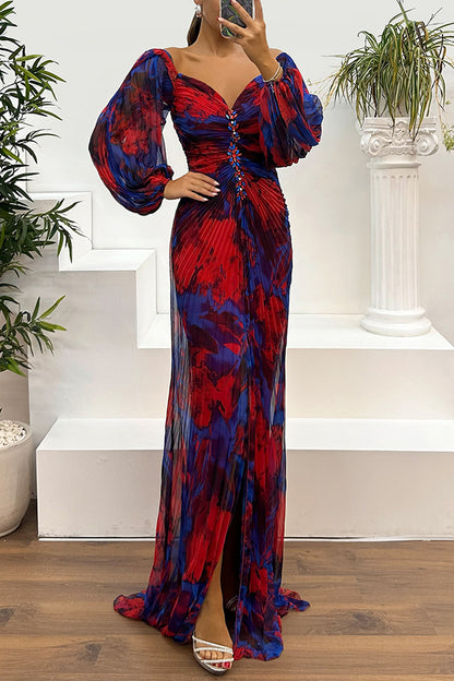 Sunset Serenade Printed Off Shoulder Embellished Pleated Slit Maxi Dress