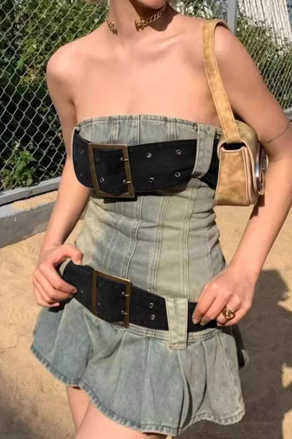 Y2K Washed Denim Pleated Strapless Mini Dress