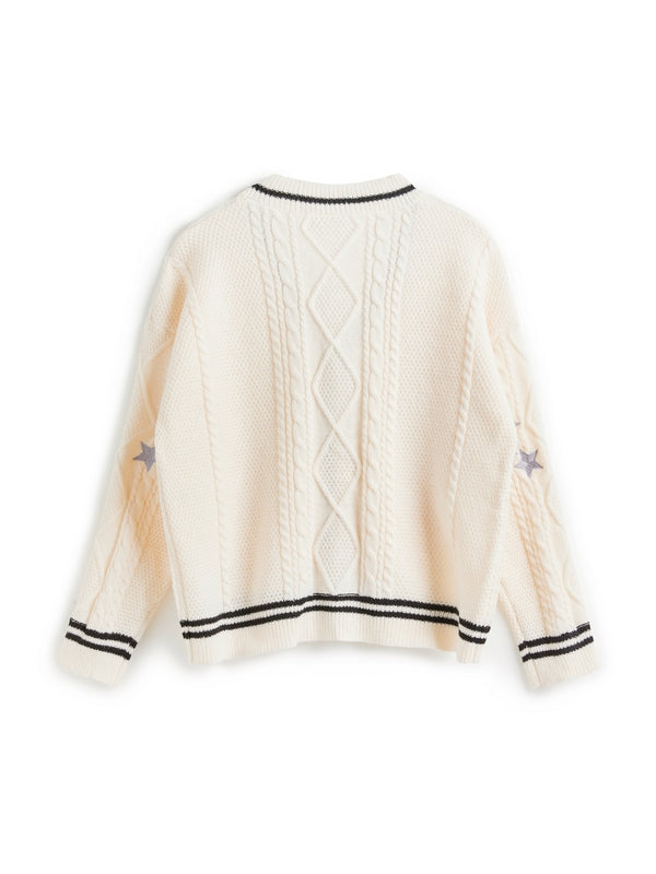 Oversize Star Embroidered Cable Knit Cardigan