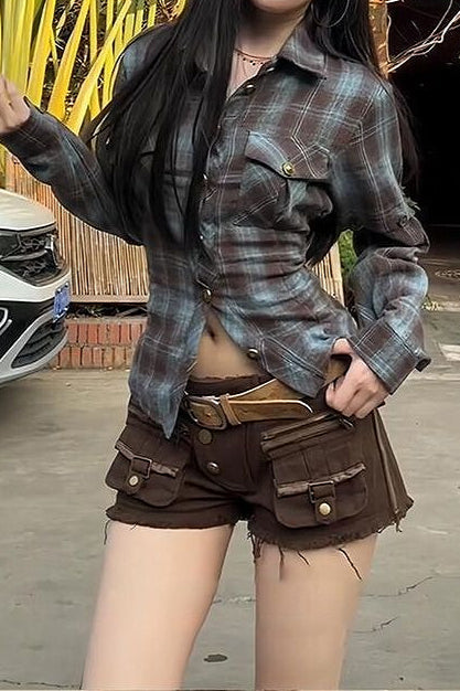 Punk Street Yellow Plaid Graffiti Unisex Loose Blouse