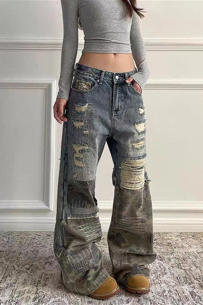 Washed Camo Patchwork Distressed Slim-Fit Jeans