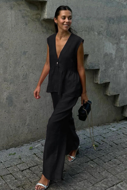Cotton V Neck Sleeveless Vest Pants Two Piece Set