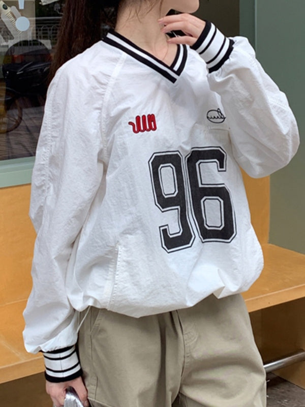 Number Print V Neck Thin Sweatshirt