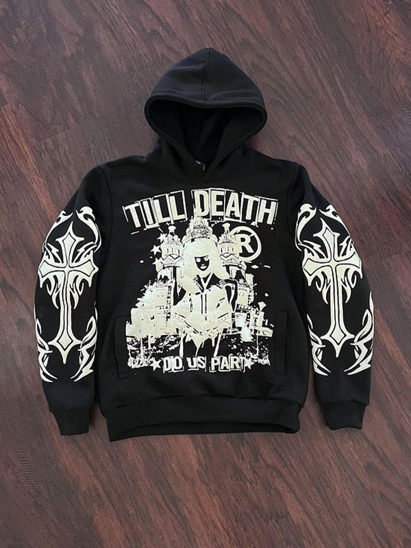 Cross Lettering Oversized Long Sleeve Hoodie