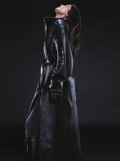 Double-Slit PU Leather Long Coat